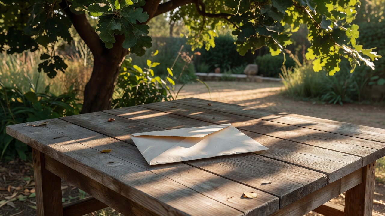 A paper clue envelope resting on a dry wooden garden table in dappled shade