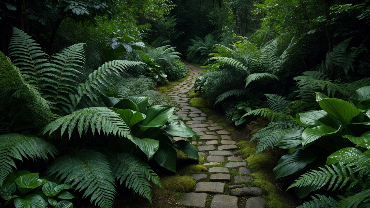 Textured fern fronds and contrasting leaves beside a shaded garden walkway