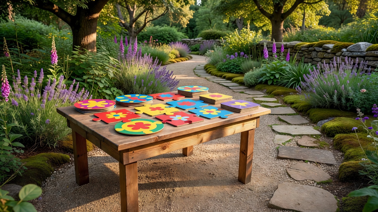 A freestanding wooden activity table beside a garden path with large puzzle cards arranged on top