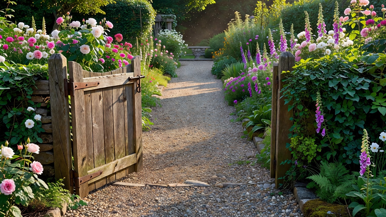 A wooden garden gate opening onto a clearly defined gravel path